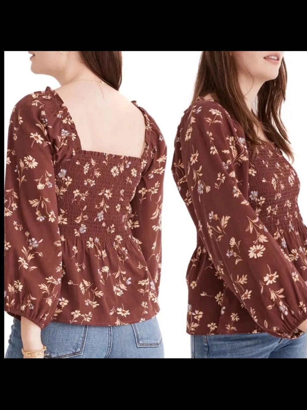 MADEWELL LUCIE FLORAL SMOCKED PEPLUM BLOUSE IN BURGUNDY SIZE 12